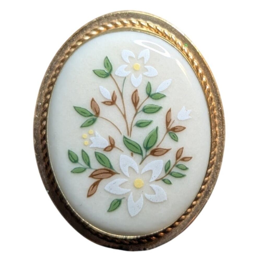 Vintage Lenox Painted Floral White Porcelain Gold Tone Rope Trim Brooch/Pendant